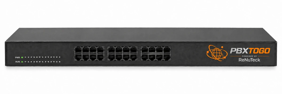 Front view of a rack-mount analog VoIP gateway with 24 FXS ports