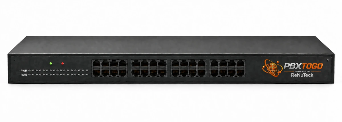 Front view of a rack-mount analog VoIP gateway with 32 FXS ports
