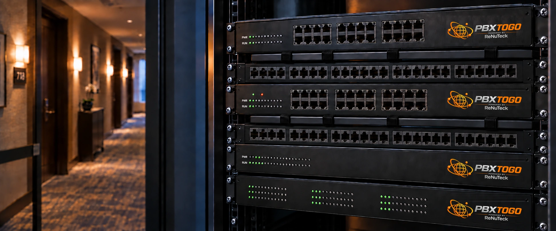 Four PBXTOGO analog VoIP gateways of 24, 32, 48 and 72 FXS ports, rack-mounted in a hotel equipment cabinet