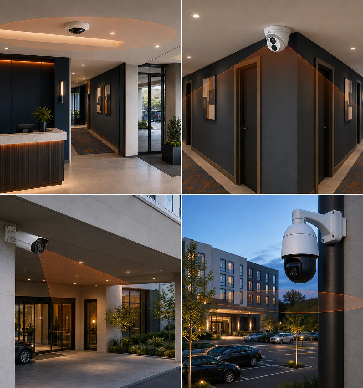 Fisheye, turret, bullet and PTZ cameras covering indoor and outdoor hotel areas.
