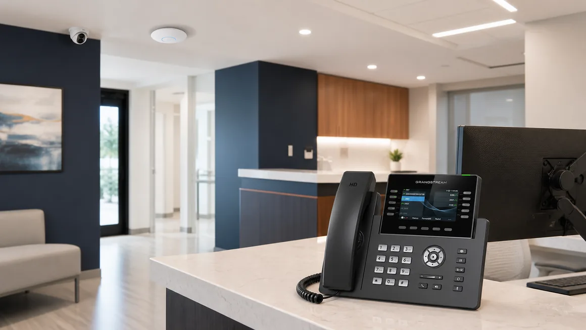 Grandstream desk phone at an office reception, with a ceiling access point and camera above